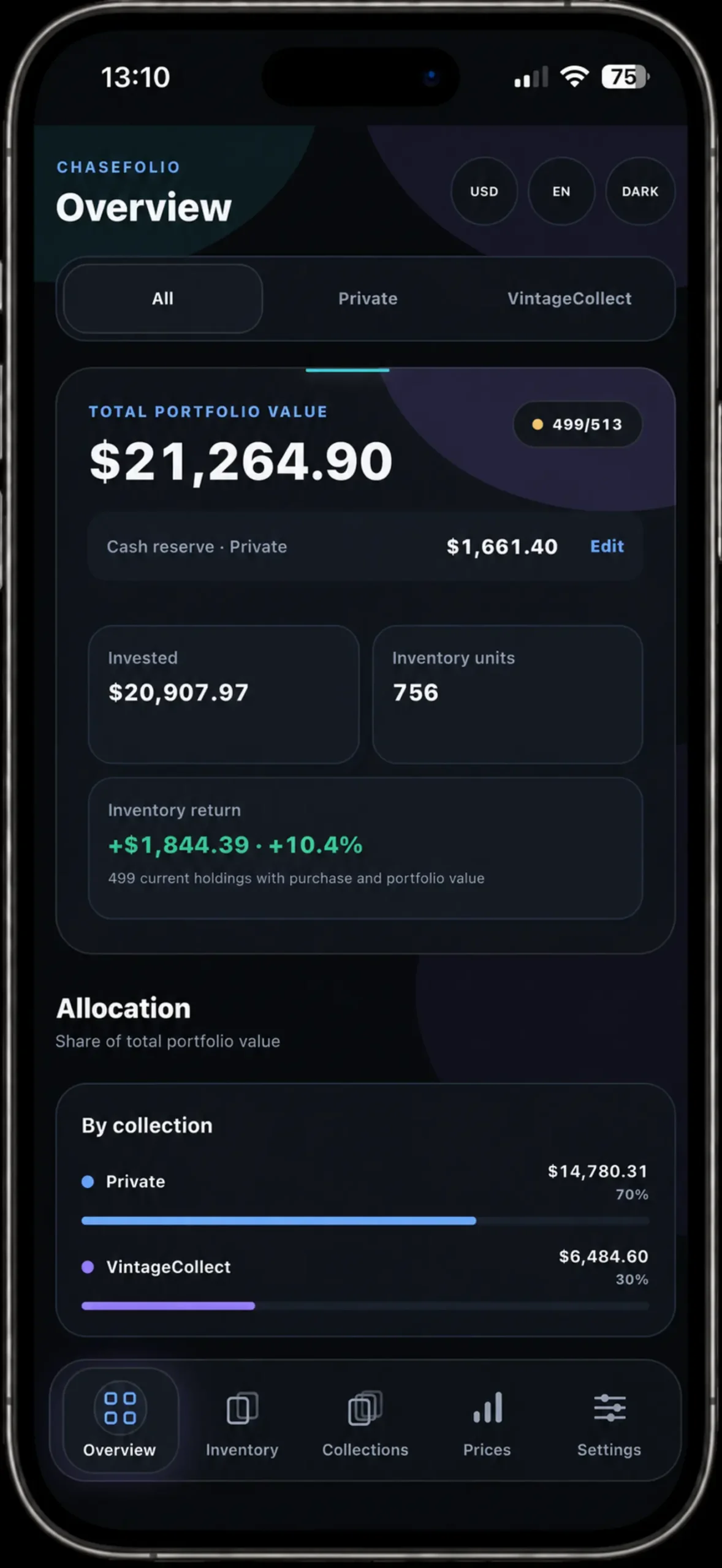 Chasefolio portfolio overview with value, cost and collection allocation