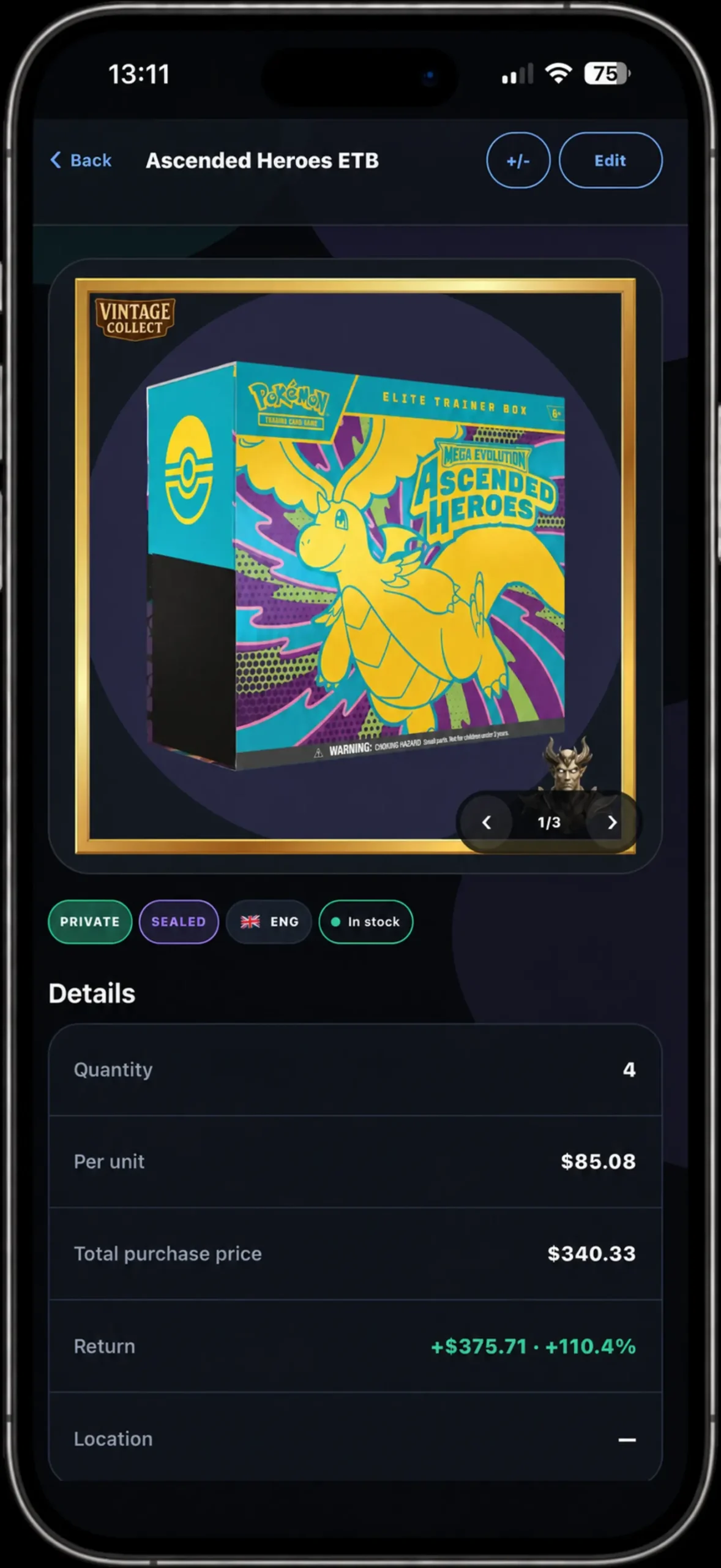 Chasefolio product detail for a Pokémon TCG item